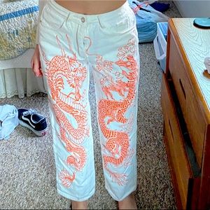 White printed dragon pants